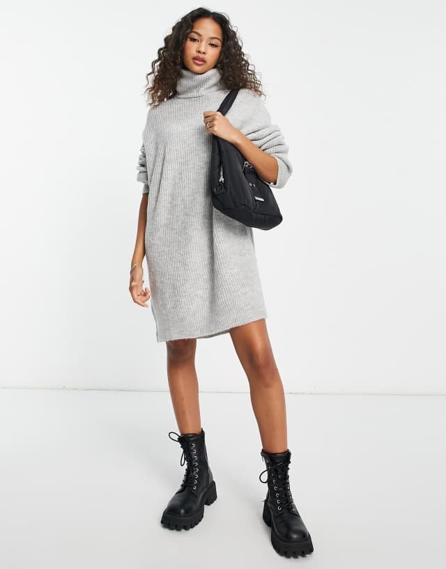 Stradivarius high neck knit dress in gray