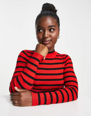 Stradivarius high neck knit jumper in red & black stripe