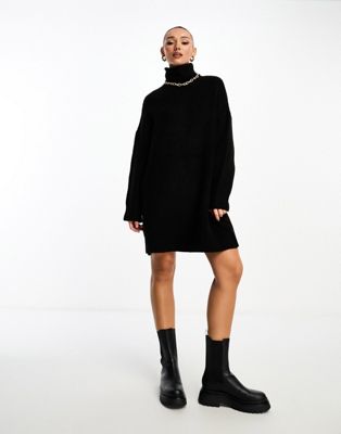 Stradivarius high neck knit mini dress in black