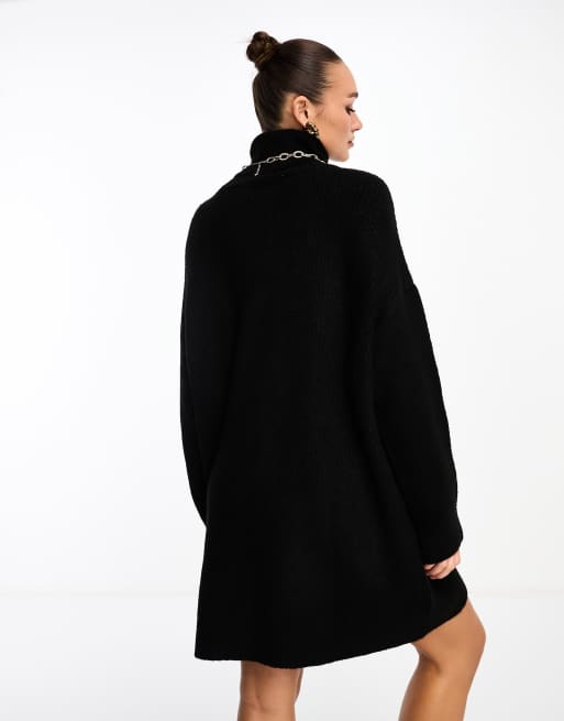 Stradivarius high neck knit mini dress in black, 4 of 4
