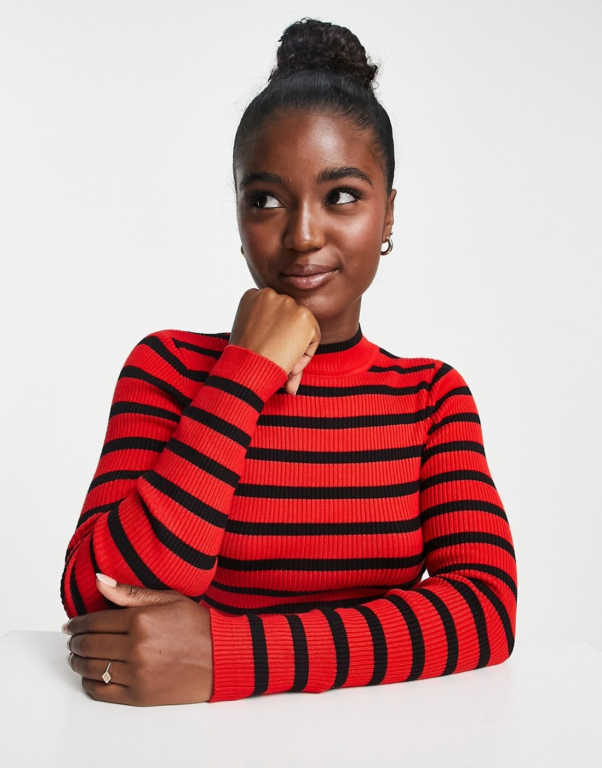 Stradivarius high neck knit sweater in red & black stripe
