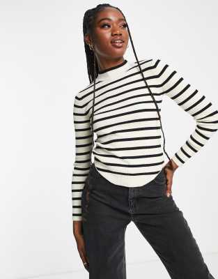 Stradivarius high neck knit top in ecru & black stripe