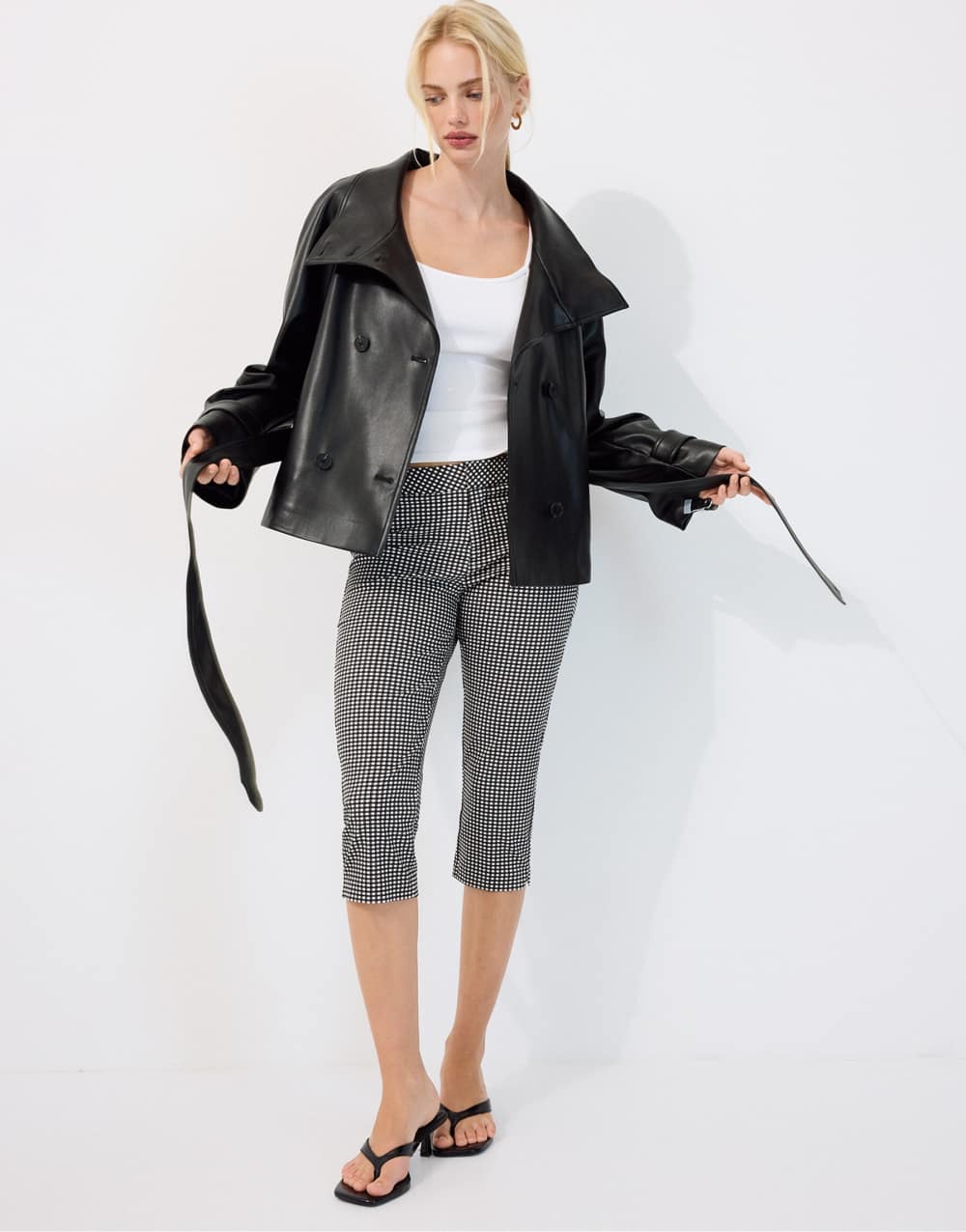 Stradivarius High neck leather effect trench coat in black