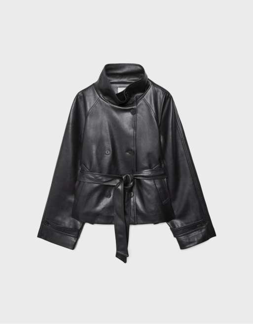 Stradivarius High neck leather effect trench coat in black, 6 of 7