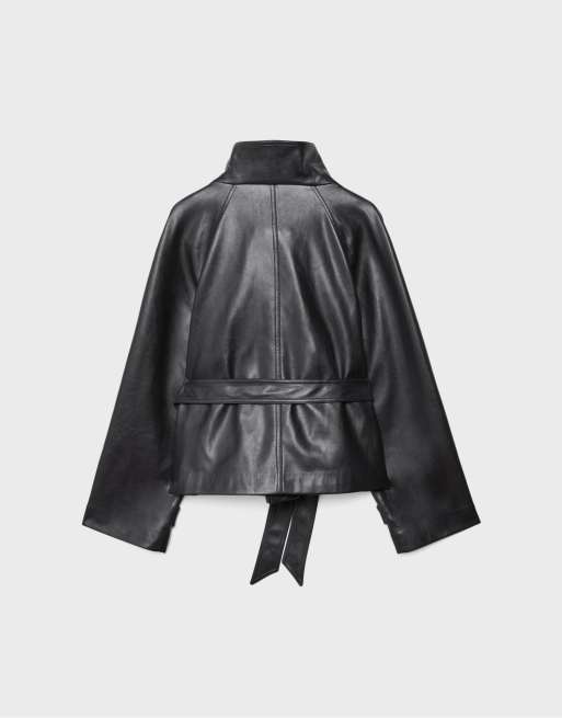 Stradivarius High neck leather effect trench coat in black, 7 of 7