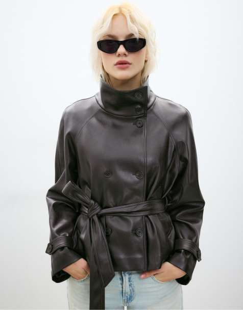 Stradivarius High neck leather effect trench coat in brown - view 1