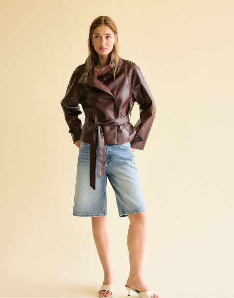 Stradivarius High neck leather effect trench coat in brown - view 1