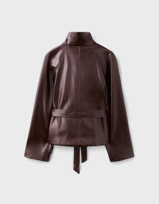 Stradivarius High neck leather effect trench coat in brown, 7 of 7