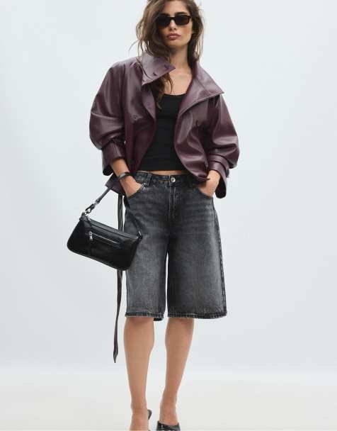 Stradivarius High neck leather effect trench coat in burgundy - view 1
