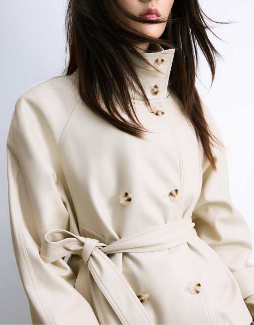 Stradivarius High neck leather effect trench coat in ecru, 2 of 7