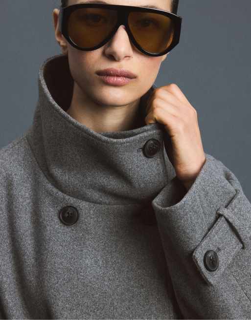 Stradivarius High neck long coat in dark grey, 4 of 7