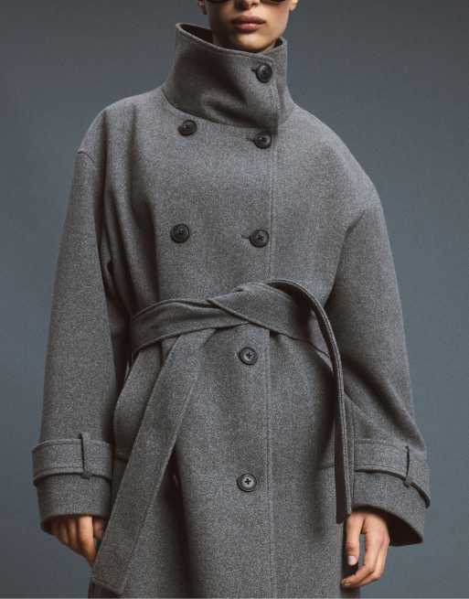 Stradivarius High neck long coat in dark grey, 5 of 7