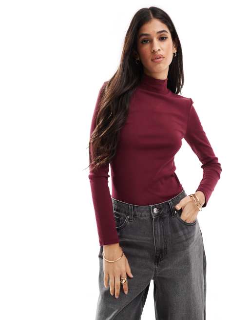 Stradivarius high neck long sleeve top in burgundy, 2 of 4