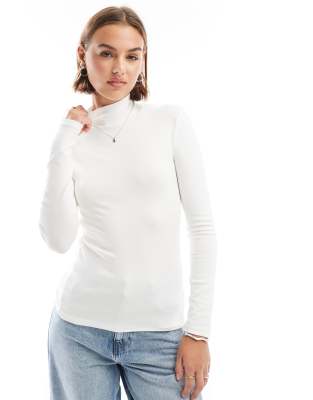 high neck long sleeve top in white