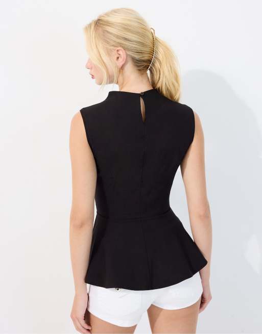 Stradivarius High-neck peplum sleeveless top in black, 3 of 7