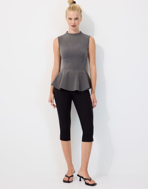 Stradivarius High-neck peplum sleeveless top in pearl grey - view 1