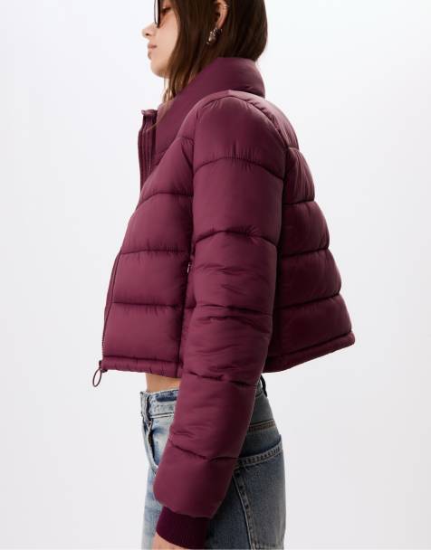 Stradivarius High neck puffer jacket in burgundy - view 1