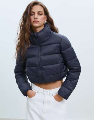 Stradivarius High Neck Puffer Jacket In Blue