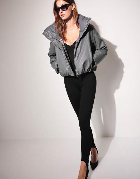 Stradivarius High neck quilted leather effect jacket in dark grey - view 1