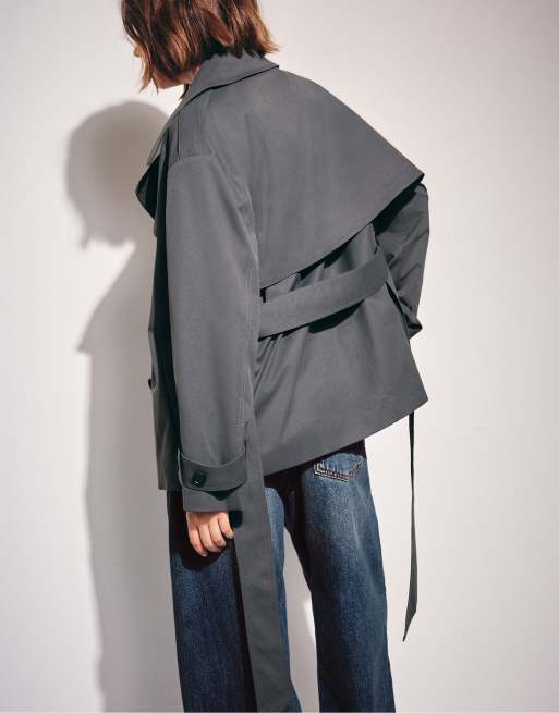 Stradivarius High neck regular trench coat in dark grey, 3 of 7