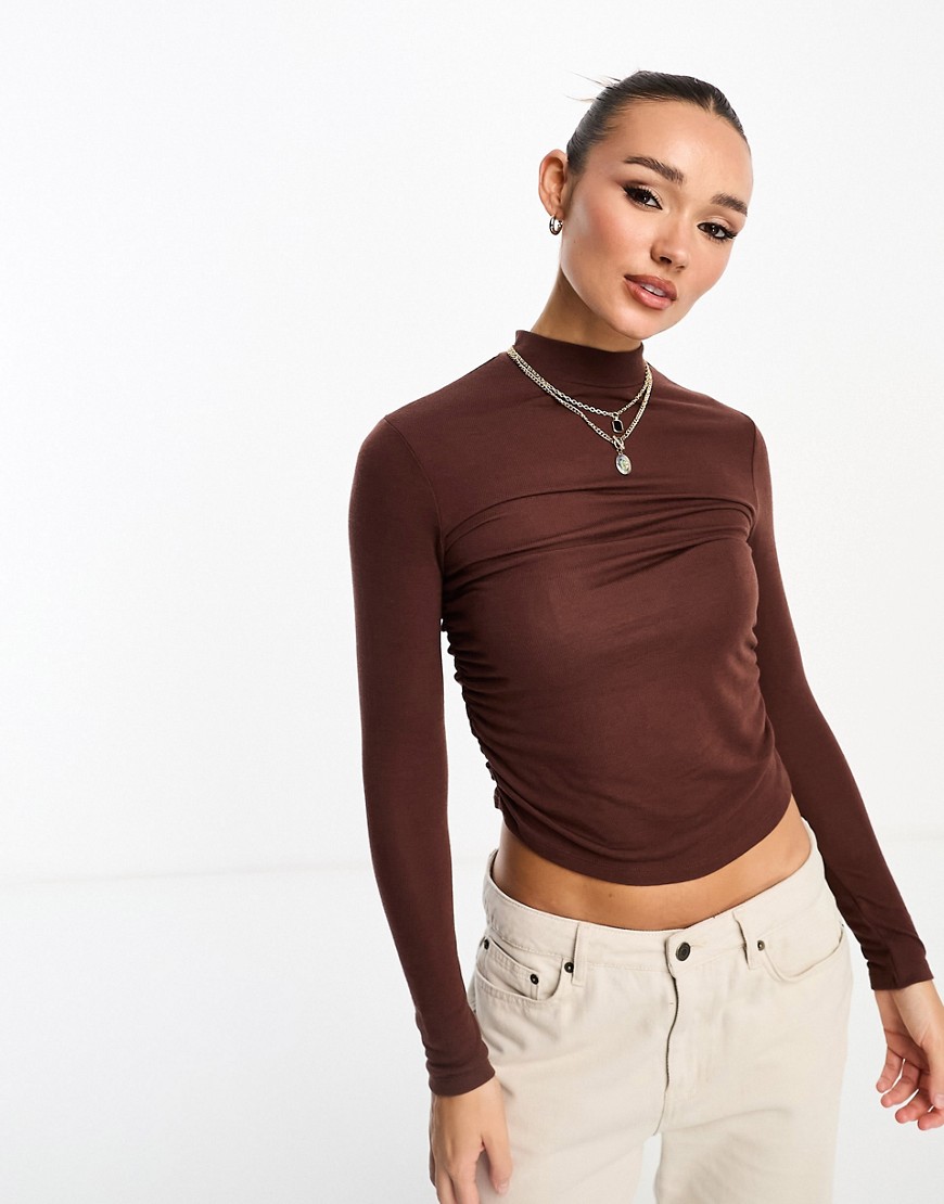 Stradivarius high neck ruched side top in bitter chocolate-Brown