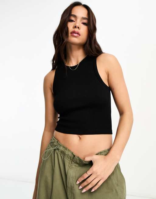 Stradivarius high neck seamless ribbed tank top in black 