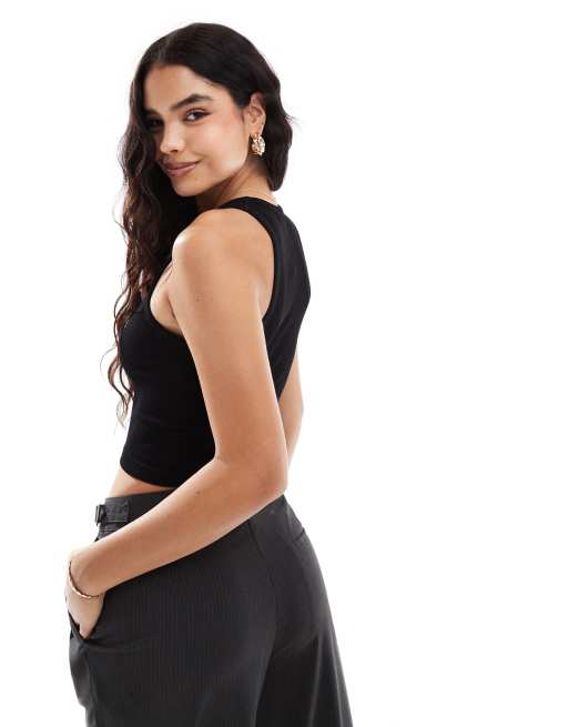 ONLY Black Ribbed Seamless V Neck Crop Cami