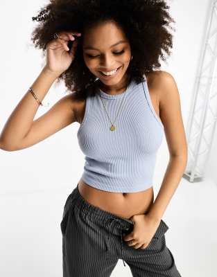 Blue Tank Top Seamless Crop High Neck