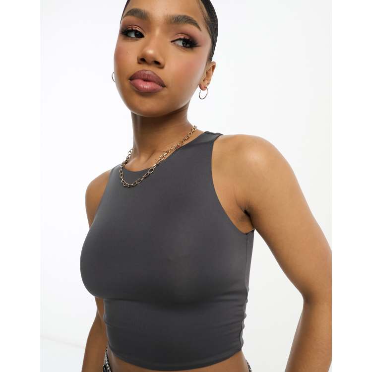 Stradivarius high neck seamless tank top in charcoal | ASOS