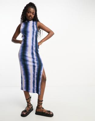 Stradivarius high neck sleeveless midi dress in blue tie dye print