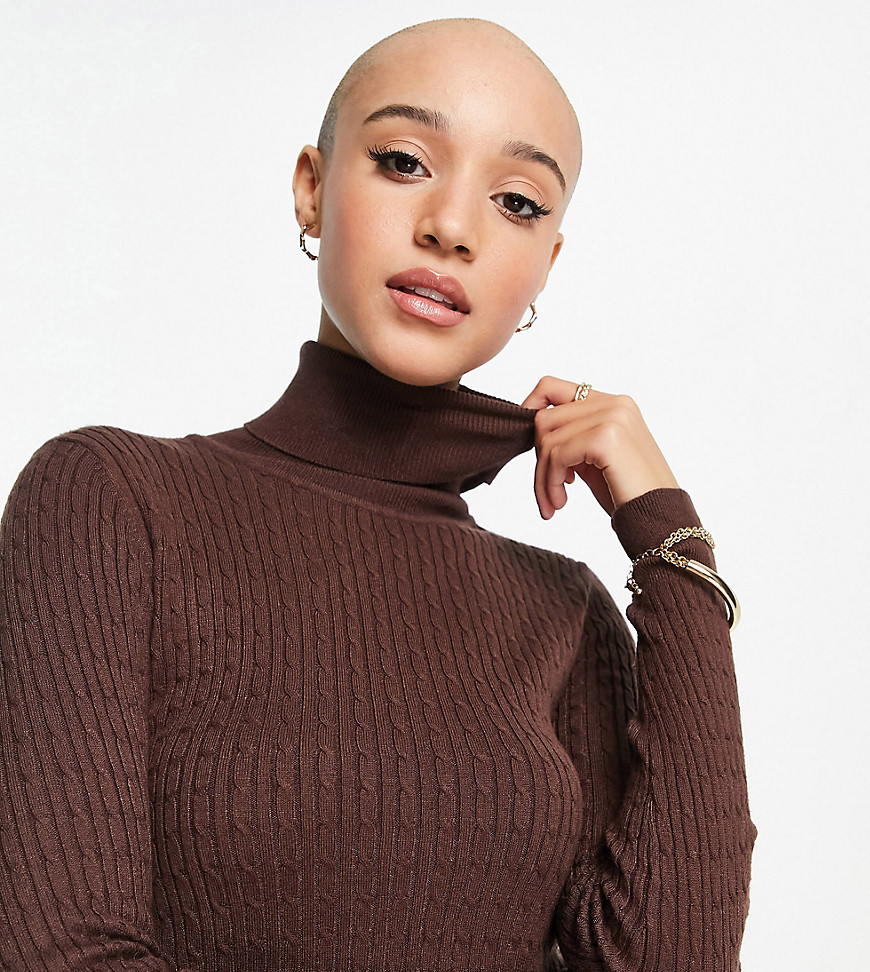 Stradivarius high neck sweater with cable knit detail in brown