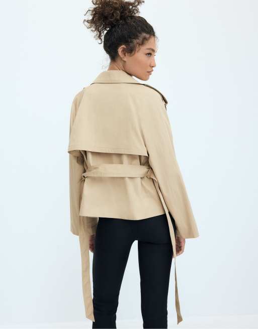 Stradivarius High neck trench coat with belt in beige, 3 of 4
