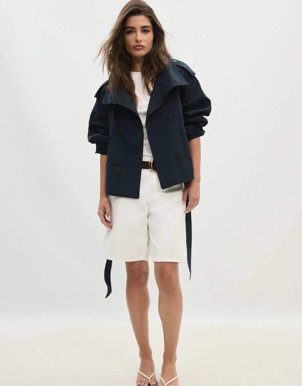 Stradivarius High neck trench coat with belt in dark blue