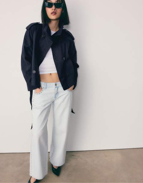 Stradivarius High neck trench coat with belt in dark blue