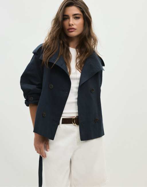 Stradivarius High neck trench coat with belt in dark blue, 2 of 7