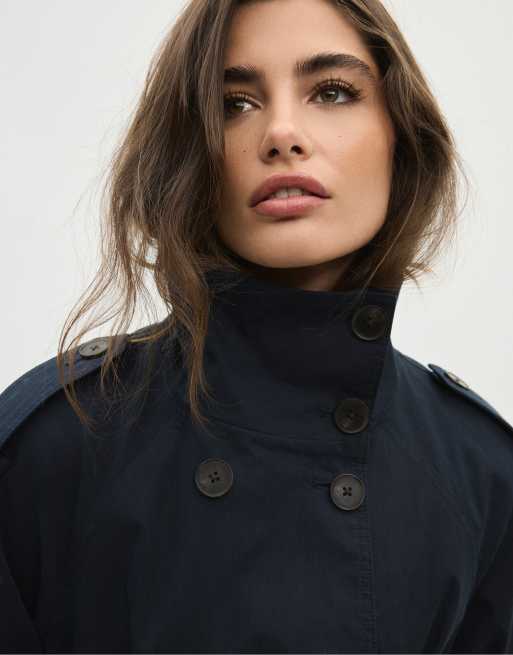 Stradivarius High neck trench coat with belt in dark blue, 4 of 7