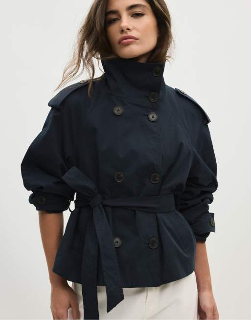 Stradivarius High neck trench coat with belt in dark blue, 5 of 7