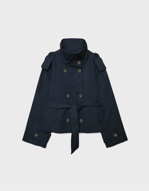 Stradivarius High neck trench coat with belt in dark blue, 6 of 7