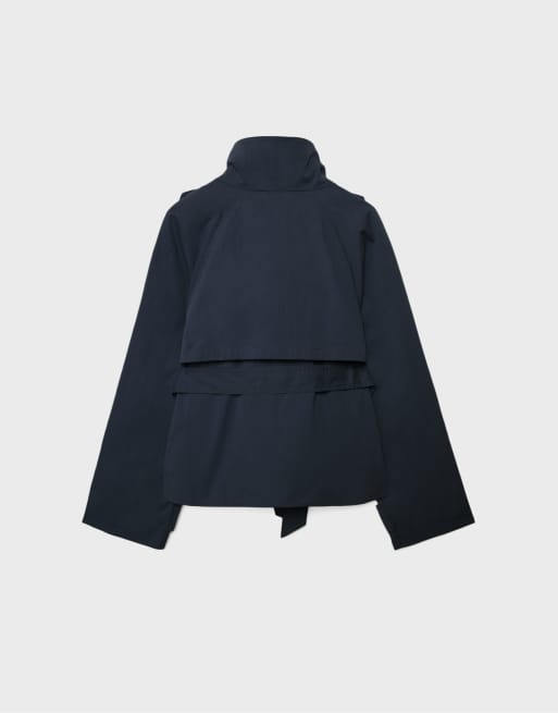 Stradivarius High neck trench coat with belt in dark blue, 7 of 7