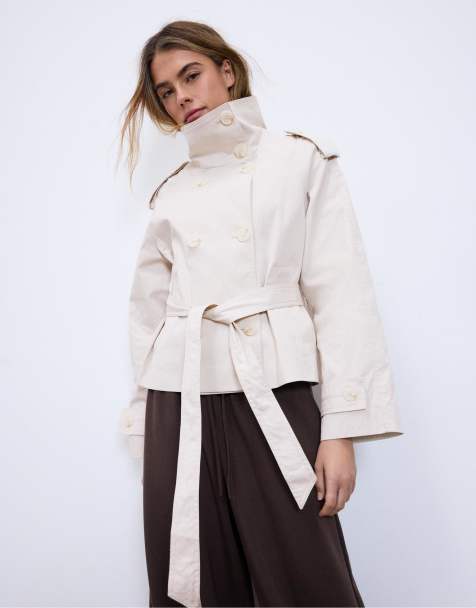 Stradivarius High neck trench coat with belt in ice - view 1