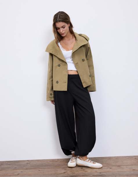 Stradivarius High neck trench coat with belt in olive green - view 1