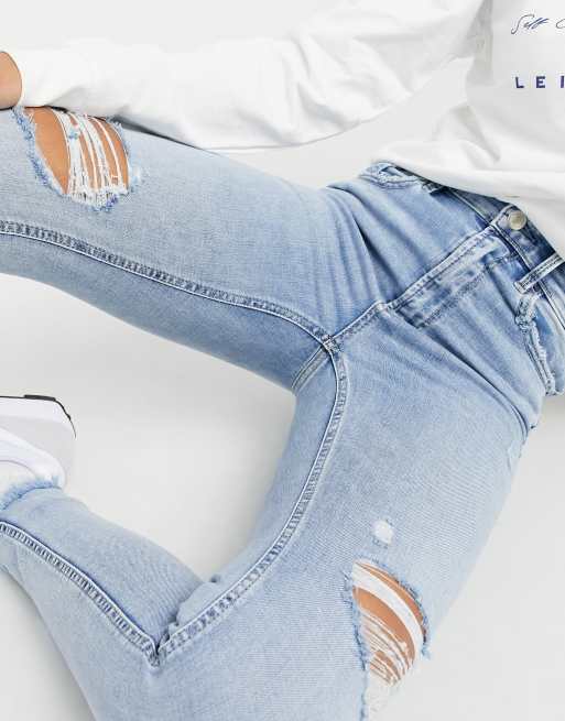 Stradivarius high waist skinny jeans with rips in bleach blue, 4 of 4