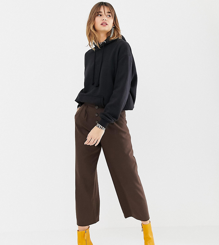Stradivarius high waisted wide leg trouser with button detailing-Brown