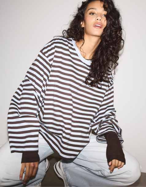 Stradivarius - Himmelblå oversized langærmet T-shirt med striber - view 1