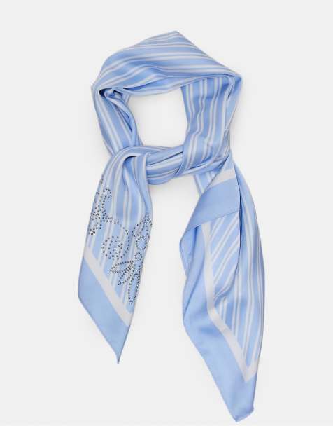 Stradivarius – Himmelsblå, diagonalrandig scarf med strassdetaljer - view 1