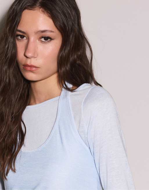 Stradivarius – Himmelsblå t-shirt med flera lager, 4 av 4