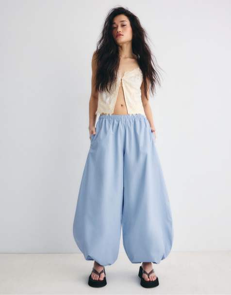 Stradivarius – Himmelsblå, vida byxor i poplin - view 1