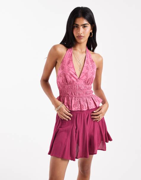 Stradivarius - Hindbærfarvet top med halterneck i broderie anglaise - view 1