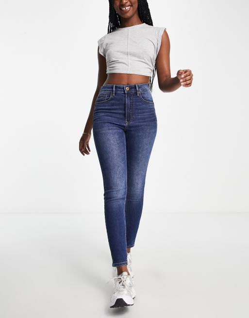 Stradivarius - Højtaljede skinny jeans med pushup og flænger i mellemblå , 4 af 4