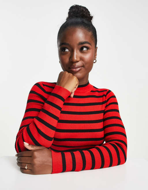 Stradivarius – Hochgeschlossener, gestreifter Strickpullover in Rot und Schwarz